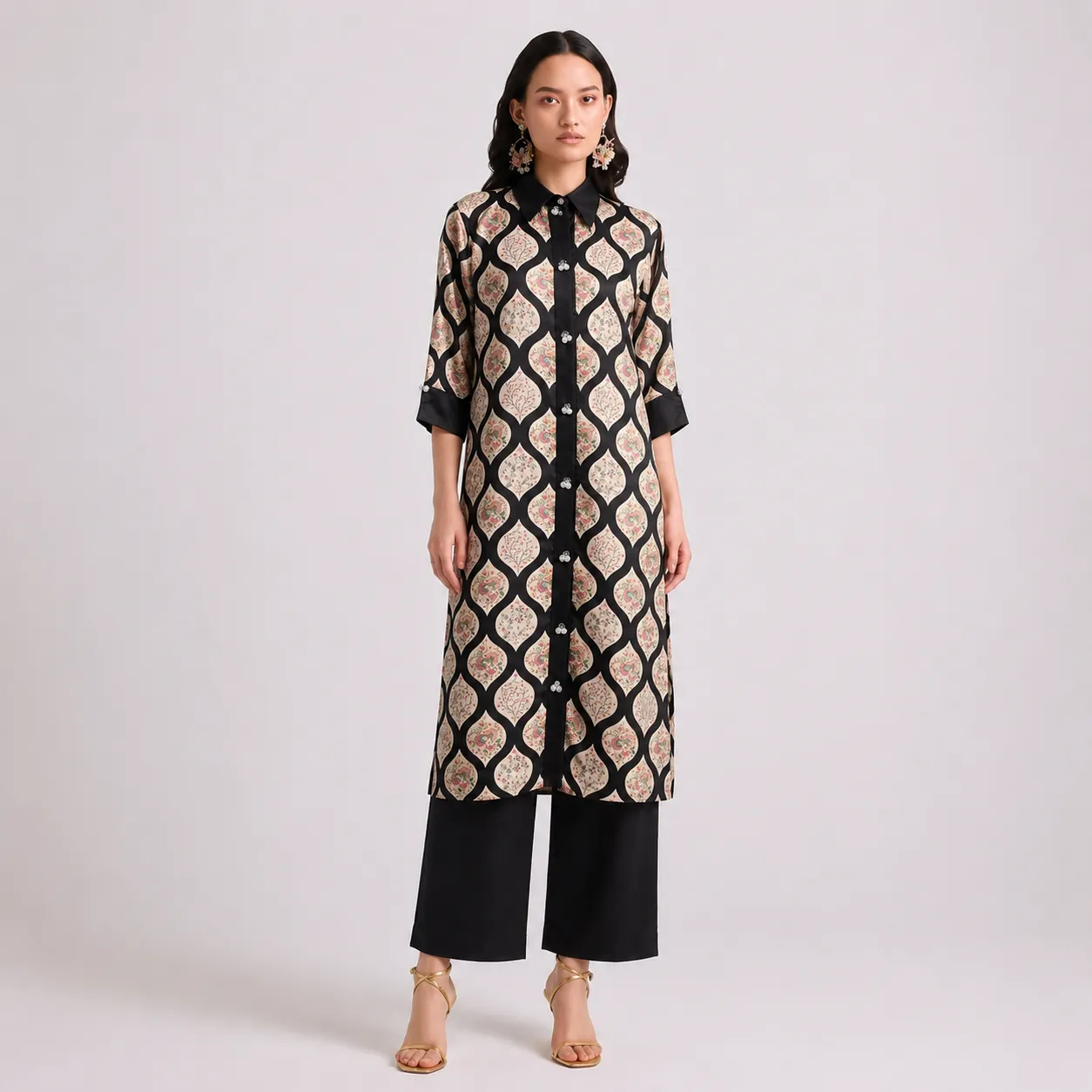 Women's Black and Beige Geometric Print Long Shirt with Contrast Cuffs